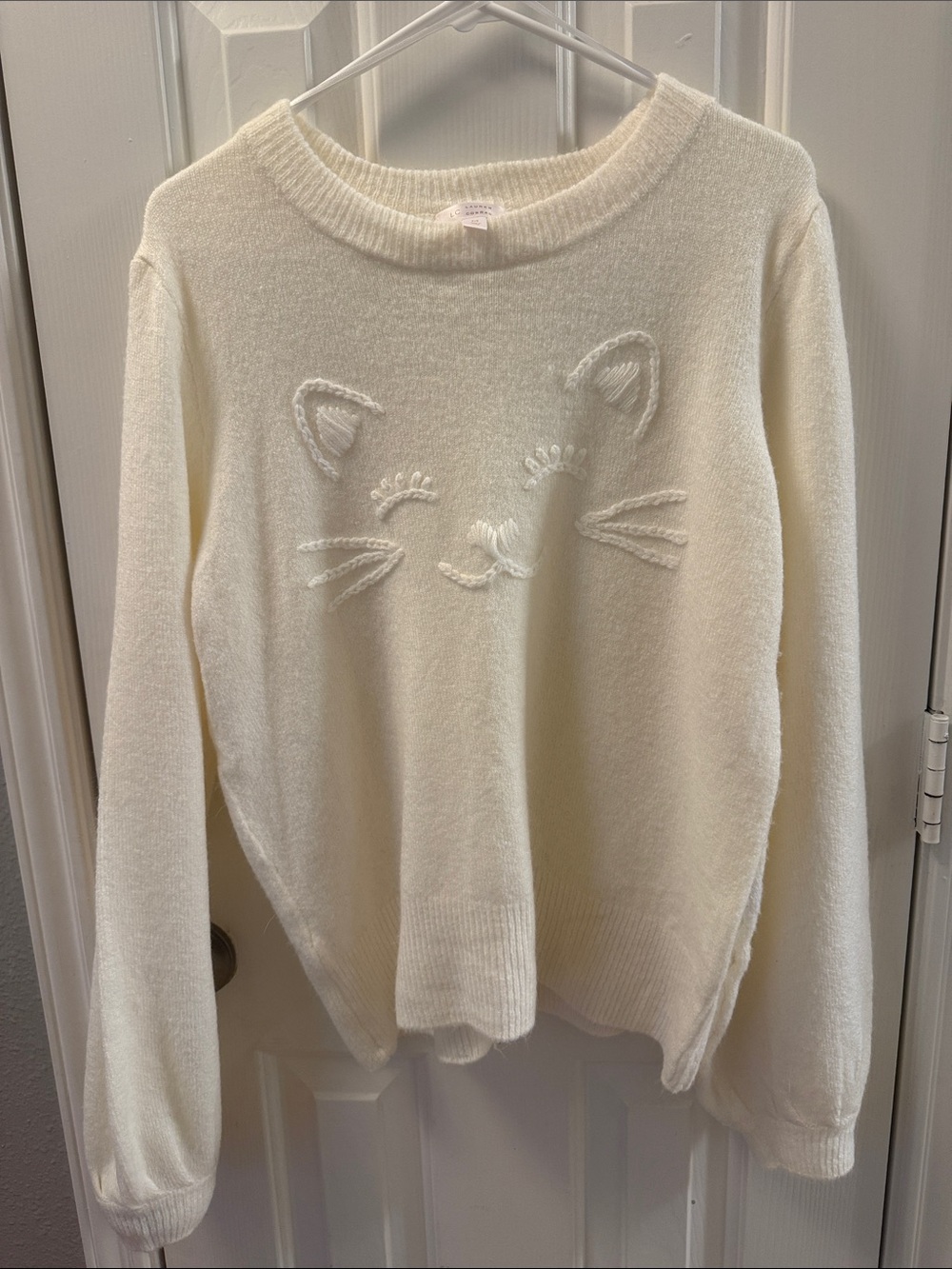 Women's Cream Crewneck Sweater with Cat Embroidery Med. Lauren Conrad